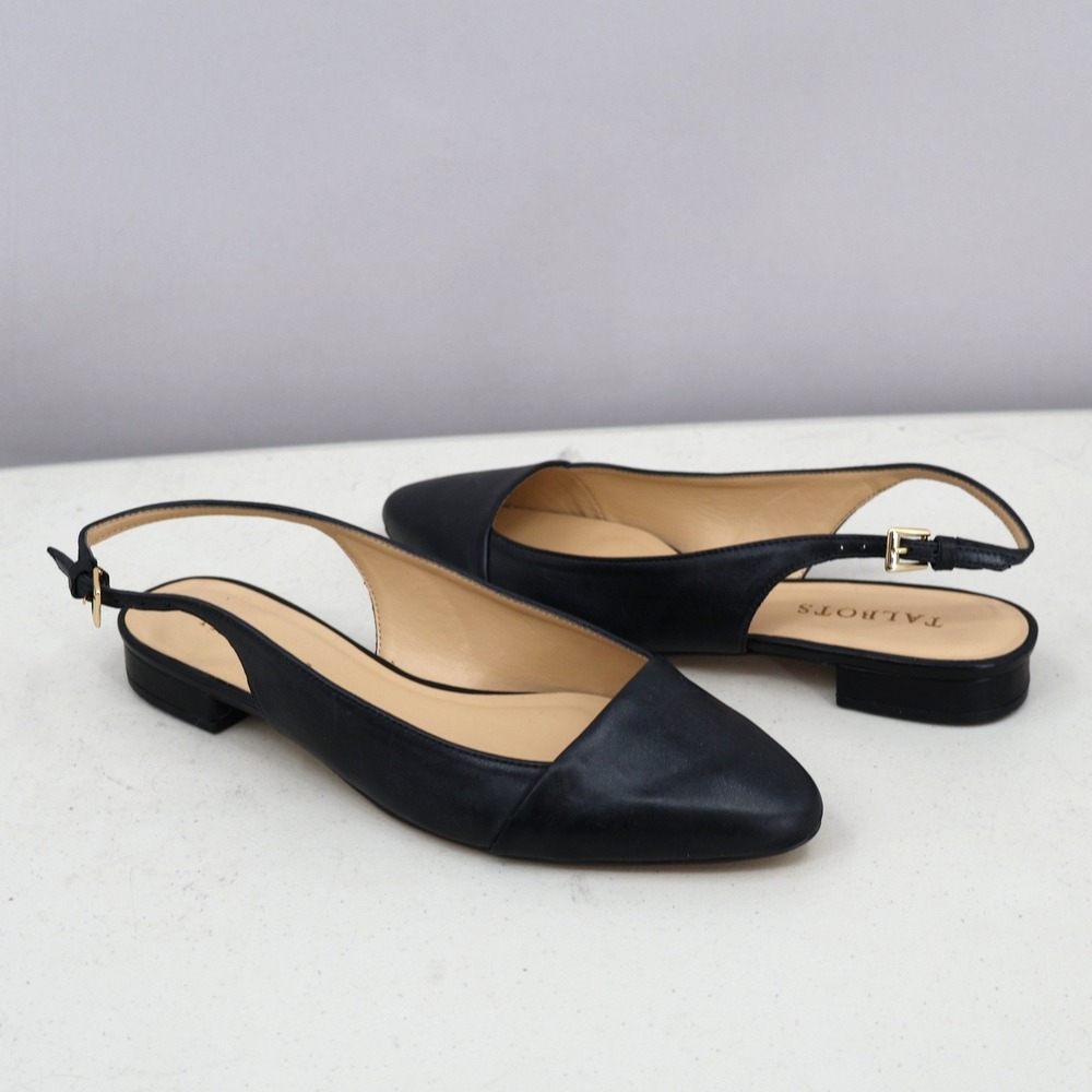 Talbots Slingback Flats Womens 7.5 Black Leather Pointed Toe Buckle Twee Preppy